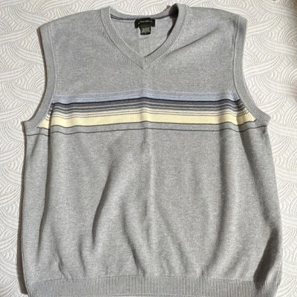Eddie Bauer Men's Knit Striped Gray Sweater Vest XL Cotton Nylon V-Neck